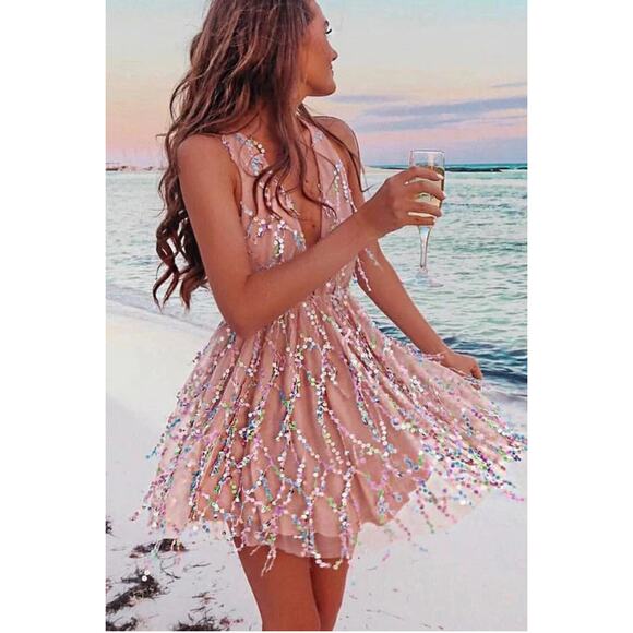 NWT Blush Tulle Dress with Multi-Color Sequin Accents A-line Deep V-neck - Picture 1 of 9